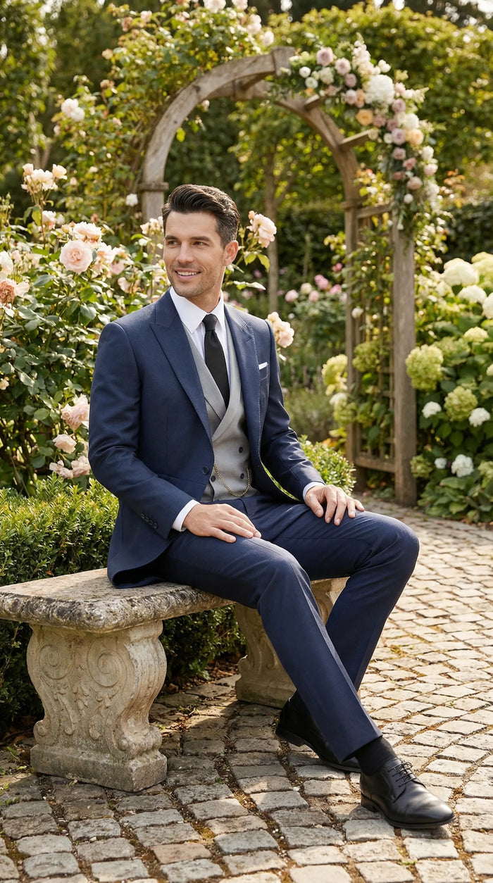 Men’s Navy Blue Three-Piece Formal Suit – Cutaway Blazer and Trousers for Wedding Tailcoat