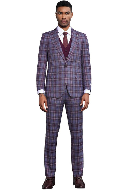 Stacy Adams men's suit in lavender purple with bold windowpane plaid. Includes a tailored jacket with notch lapels, a matching vest, and fitted trousers, all in a smooth, woven fabric. Features a formal plaid design.
