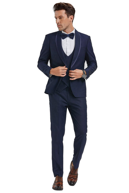 "Men's Navy One Button Shawl Tuxedo with Blue Satin Trim"