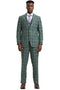 Men's Stacy Adams suit in light olive green glen plaid. Two-button jacket with notch lapels, matching vest, and straight-leg pants. Creates a coordinated, classic look.
