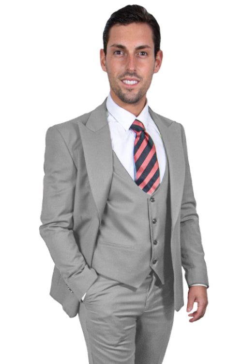 "Mens Stacy Adams Suit - Stacy Adams Suit Men's Light Grey Vested One Button Peak Lapel Suit"
