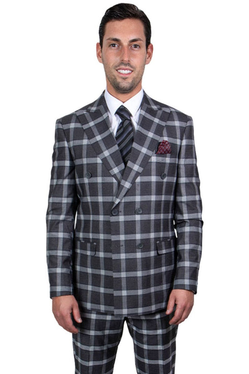 Mens Stacy Adams Suit -Stacy Adams Suit Men's Double Breasted Suit - Black & Grey Windowpane Plaid