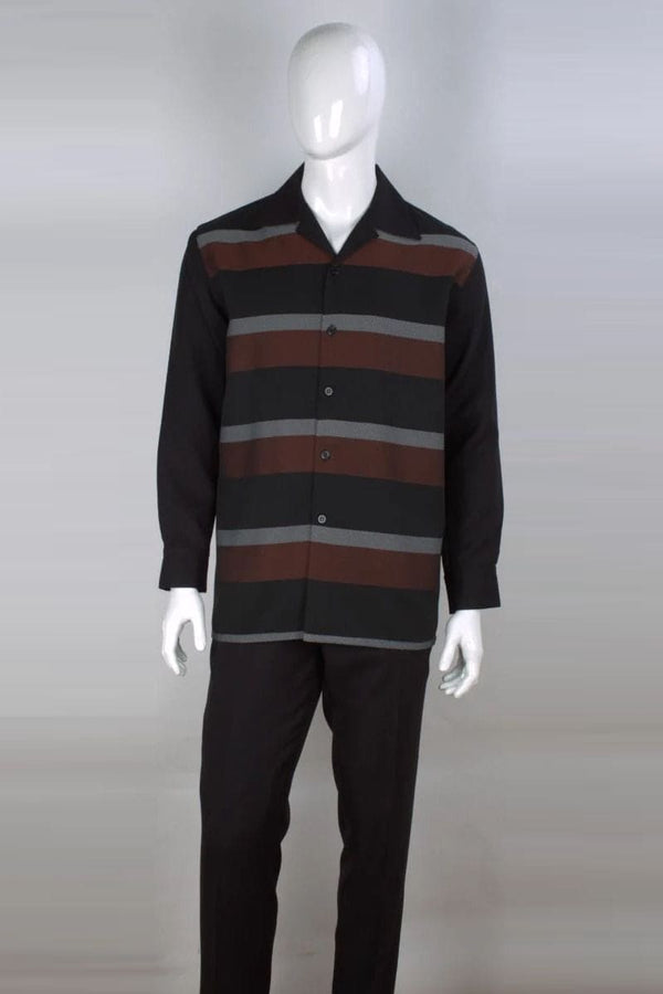 "Striped Men's Long Sleeve Walking Suit - Casual Leisure in Black & Brown"