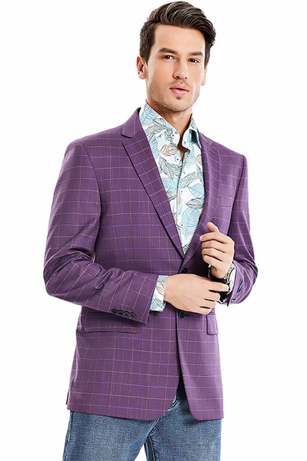 "Men's Windowpane Plaid Sport Coat Blazer - Two ButtonR Fit in Magenta"