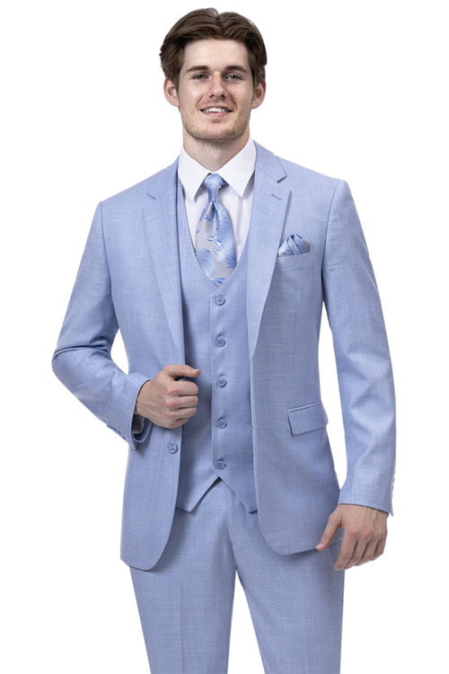"Sky Blue Modern Fit Sharkskin Business Suit - Two Button Vested"