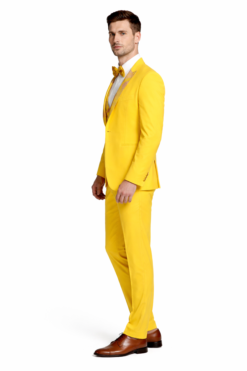 Radiant Golden Bloom Mens 3-Piece Suits with Floral Peak Lapel