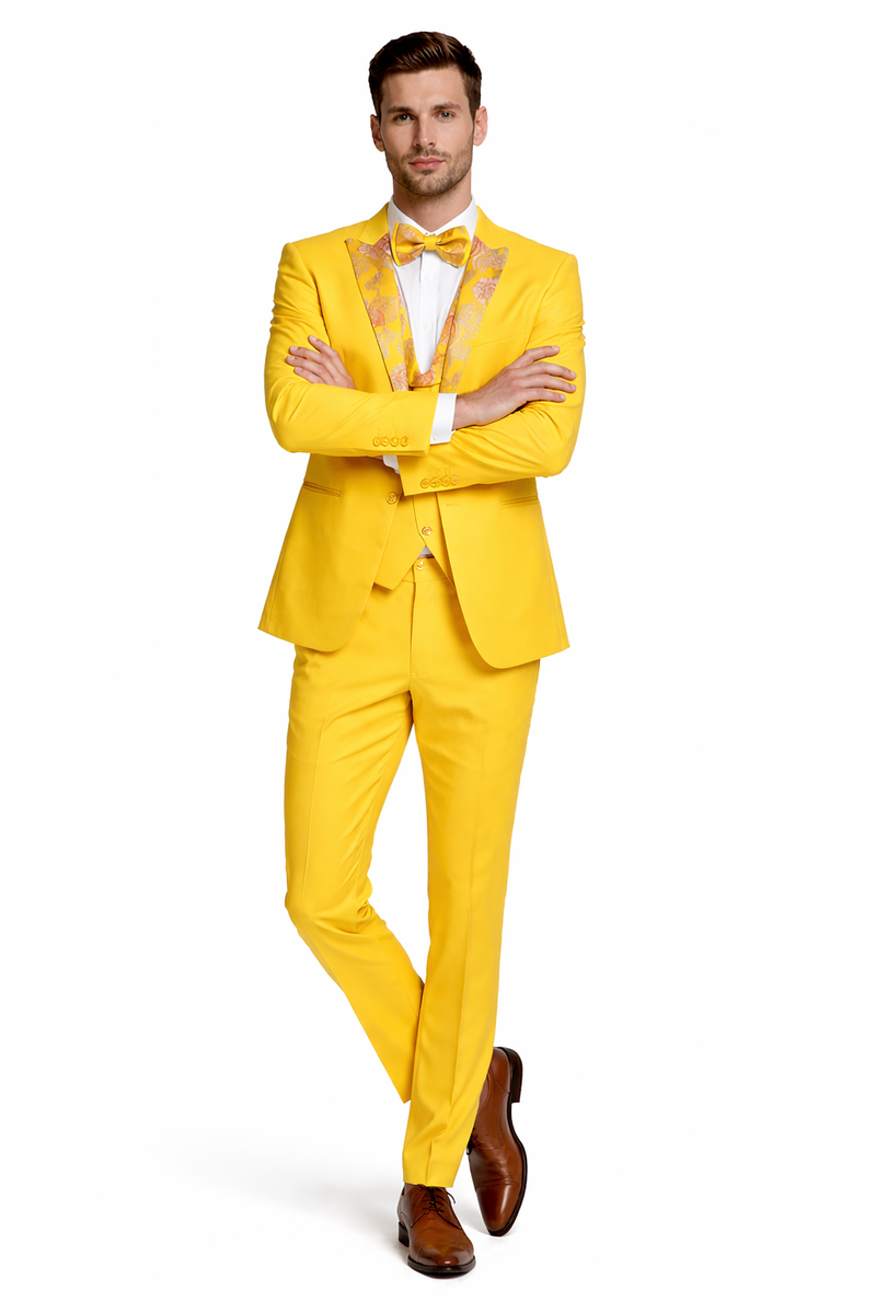 Radiant Golden Bloom Mens 3-Piece Suits with Floral Peak Lapel