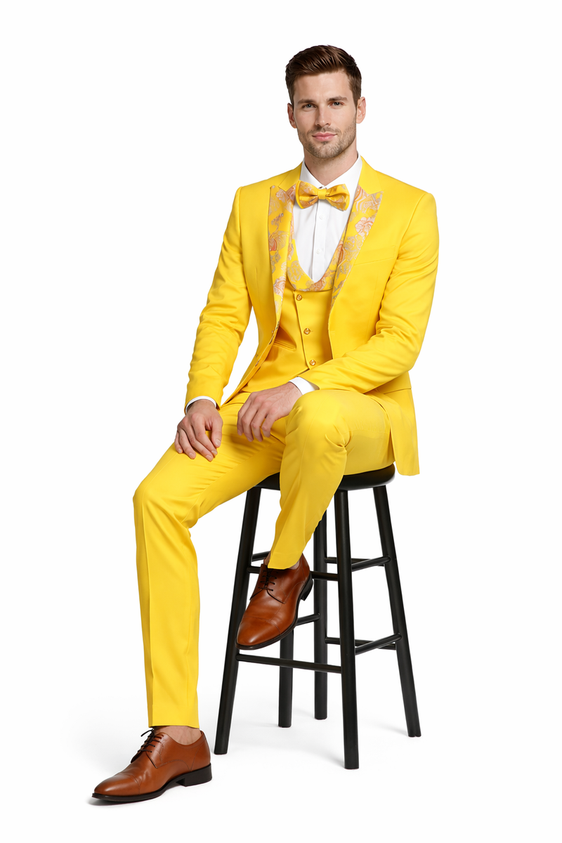 Radiant Golden Bloom Mens 3-Piece Suits with Floral Peak Lapel