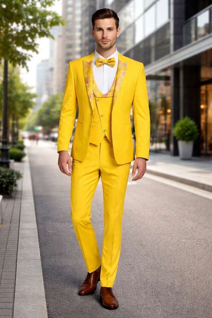 Radiant Golden Bloom Mens 3-Piece Suits with Floral Peak Lapel
