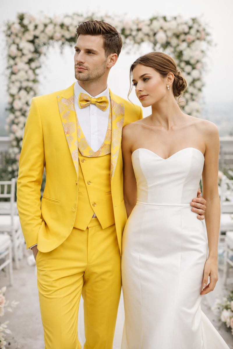 Radiant Golden Bloom Mens 3-Piece Suits with Floral Peak Lapel