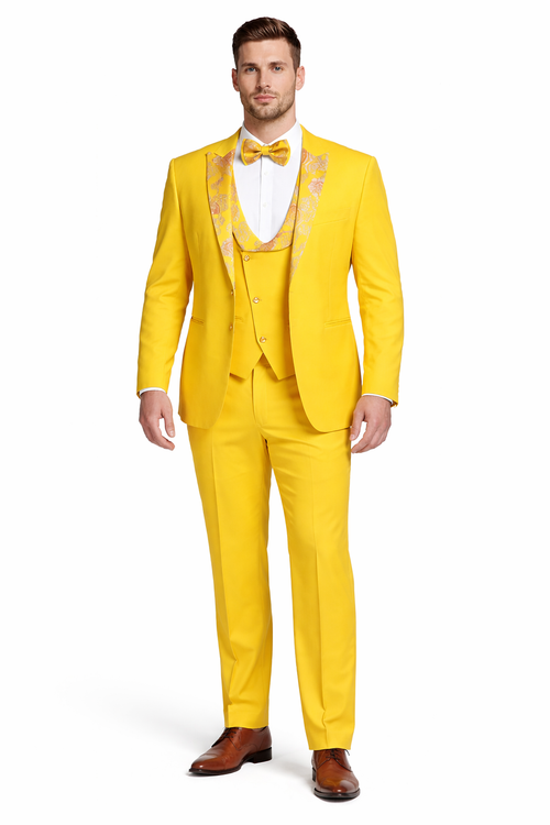 Radiant Golden Bloom Mens 3-Piece Suits with Floral Peak Lapel