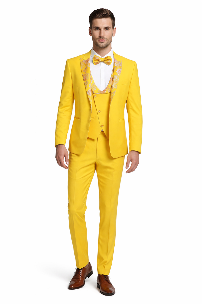 Radiant Golden Bloom Mens 3-Piece Suits with Floral Peak Lapel