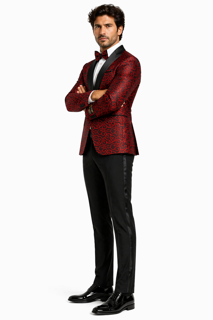 Red and Tuxedo Black Suit â€“ Mens Formal Blazer with Satin Shawl Lapel