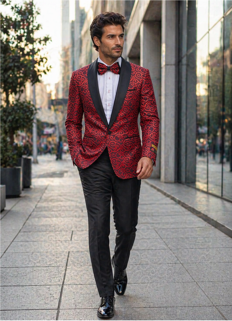 Red and Tuxedo Black Suit â€“ Mens Formal Blazer with Satin Shawl Lapel