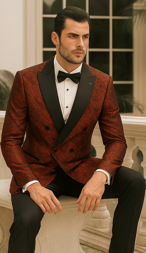 Red double-breasted jacket with rough streak pattern and satin fabric. Peak lapel, paired with a black bow tie.
