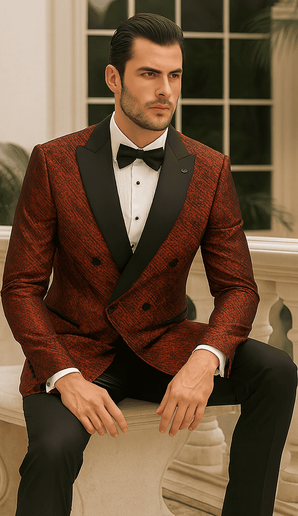 Red double-breasted jacket with rough streak pattern and satin fabric. Peak lapel, paired with a black bow tie.
