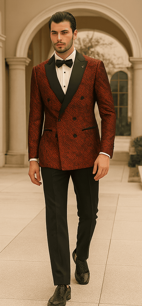 Stacy Adams red double-breasted jacket with rough streak pattern, satin peak lapel, and black buttons. Structured fit, worn over white shirt, black bow tie, and trousers. Red with black accents.
