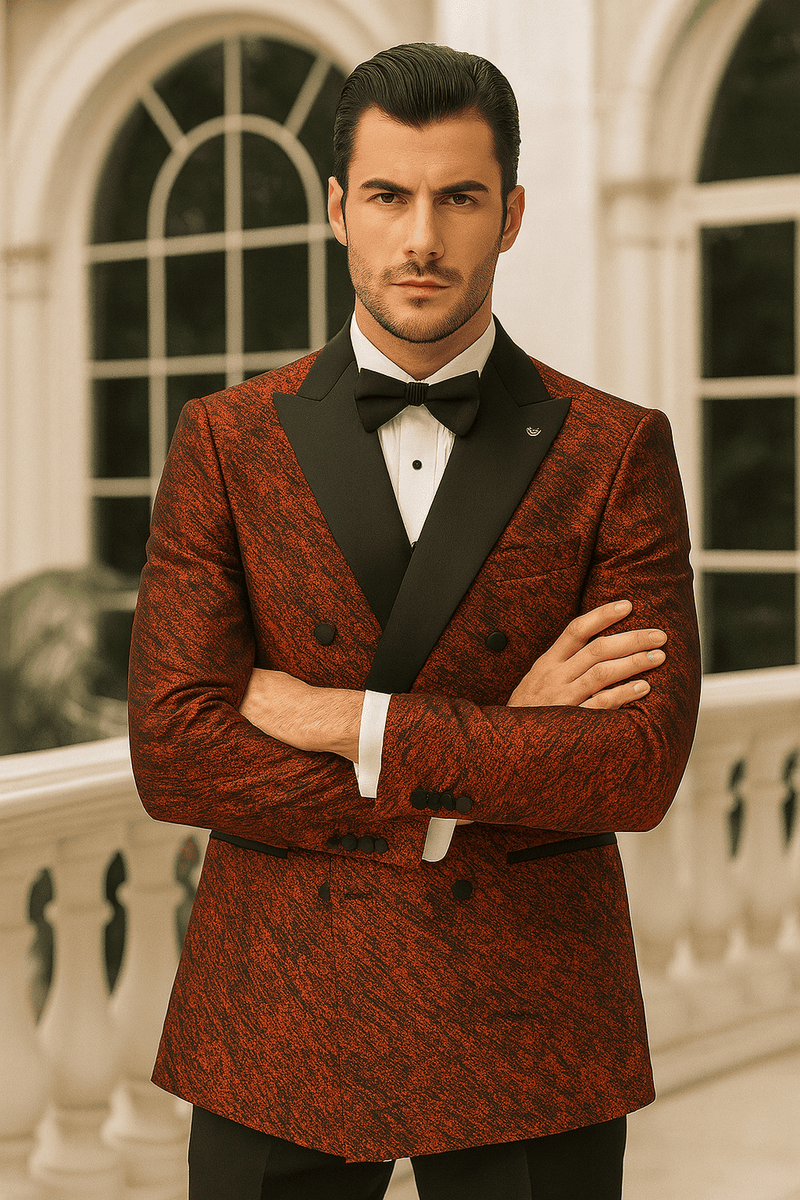 Red double-breasted jacket with rough streak pattern and satin finish. Peak lapel, black buttons, two front pockets. Structured design.
