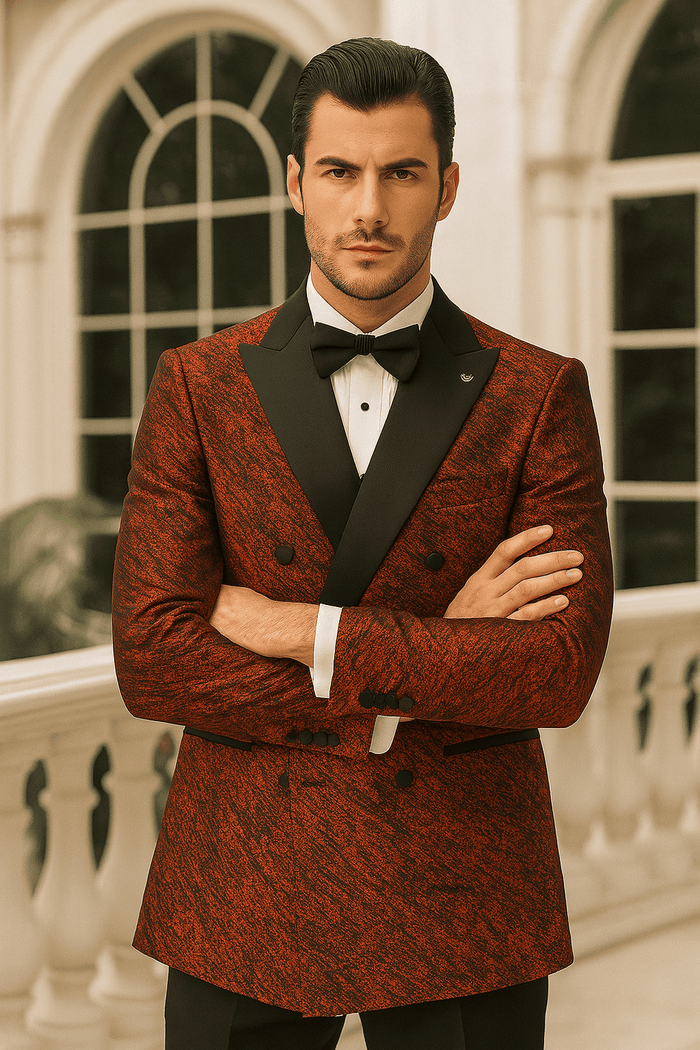 Red double-breasted jacket with rough streak pattern and satin finish. Peak lapel, black buttons, two front pockets. Structured design.
