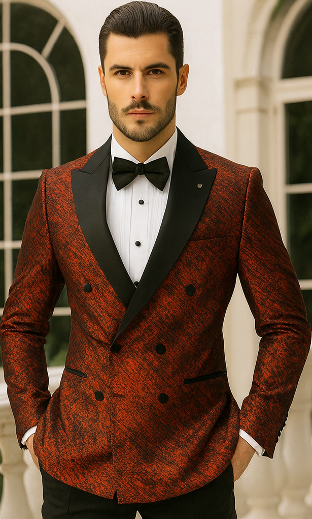 Red, double-breasted jacket with a streak pattern. Satin peak lapels and black details. Structured, mid-weight fabric for a tailored fit.
