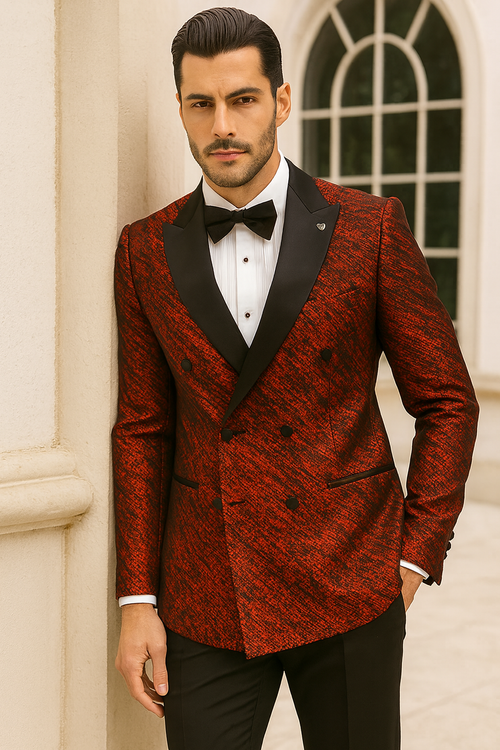 Stacy Adams red double-breasted jacket with rough streak pattern & satin. Peak lapels, black buttons, & contrasting black lapel/pocket details.
