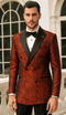 Red double-breasted jacket with rough satin streak pattern, peak lapel, black buttons, and black collar trim.
