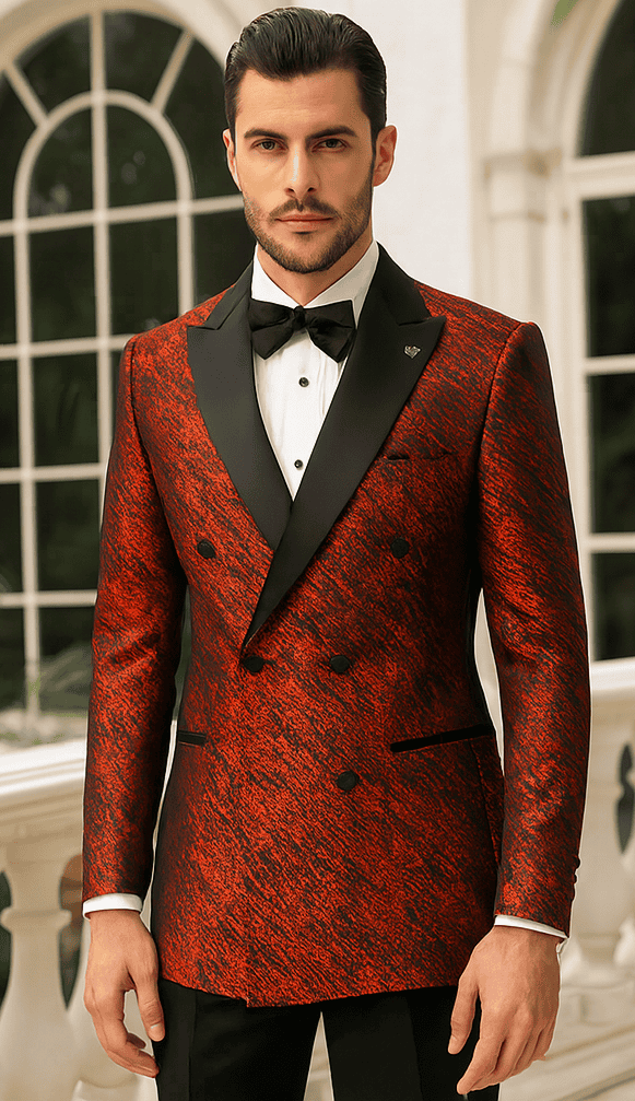 Red double-breasted jacket with rough satin streak pattern, peak lapel, black buttons, and black collar trim.
