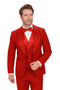 Italian red wool 3-piece tuxedo. Modern fit, single-breasted jacket with lapel embellishments. Includes matching waistcoat and tailored trousers.