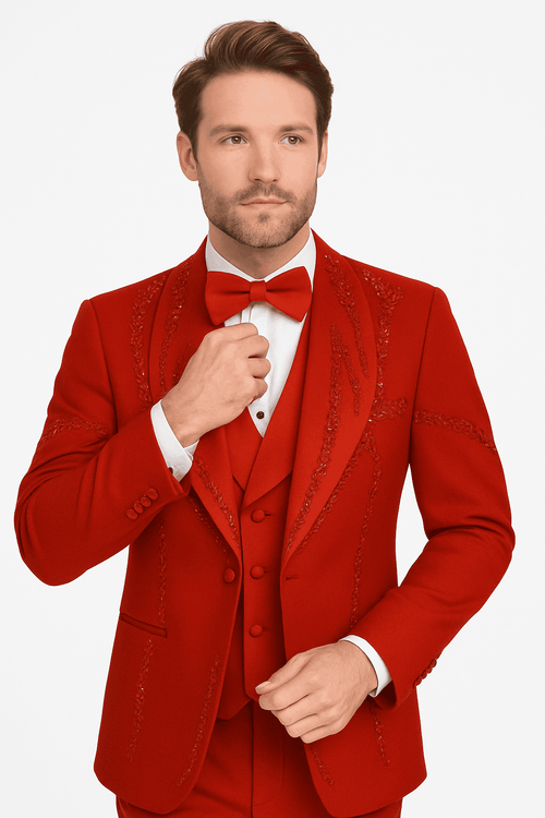 Italian red wool tuxedo (3-piece, modern fit). Fitted blazer with embroidered notched lapel. Matching vest & trousers. Vibrant red, streamlined silhouette. White inner lining.