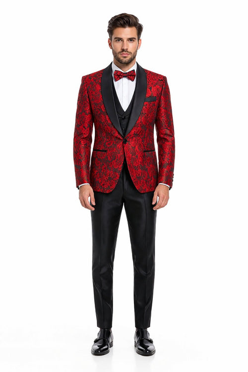 Men's One Button Slim Fit Shiny Paisley Red Prom Tuxedo