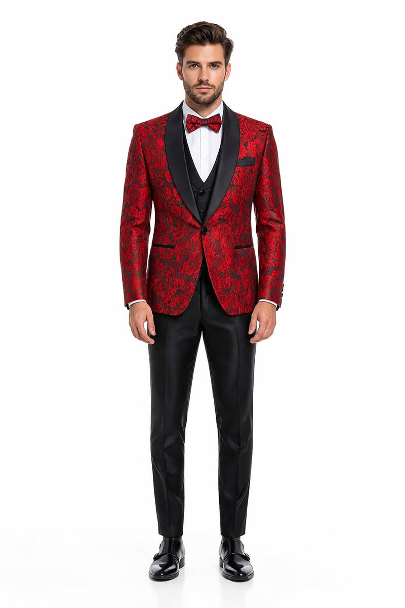 Men's One Button Slim Fit Shiny Paisley Red Prom Tuxedo
