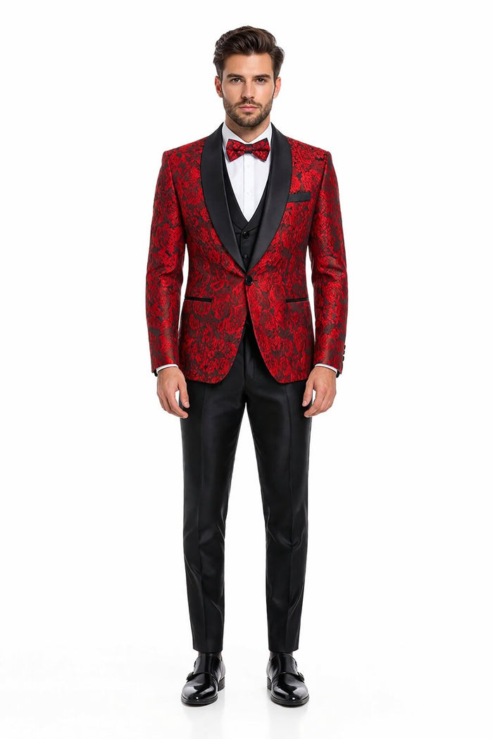 Men's One Button Slim Fit Shiny Paisley Red Prom Tuxedo