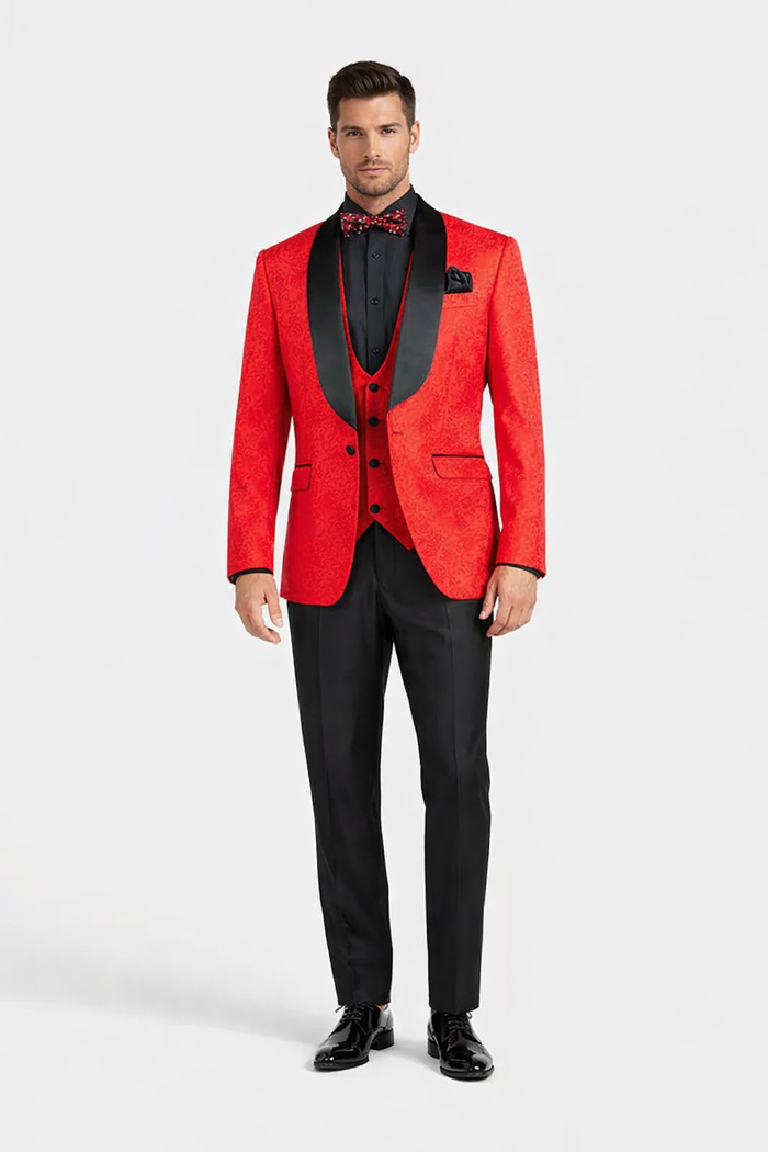 Black and Red Suit Men's Slim Fit Vested Paisley Wedding Tuxedo in Red