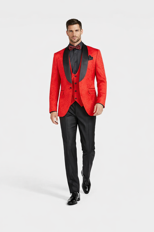 Black and Red Suit Men's Slim Fit Vested Paisley Wedding Tuxedo in Red