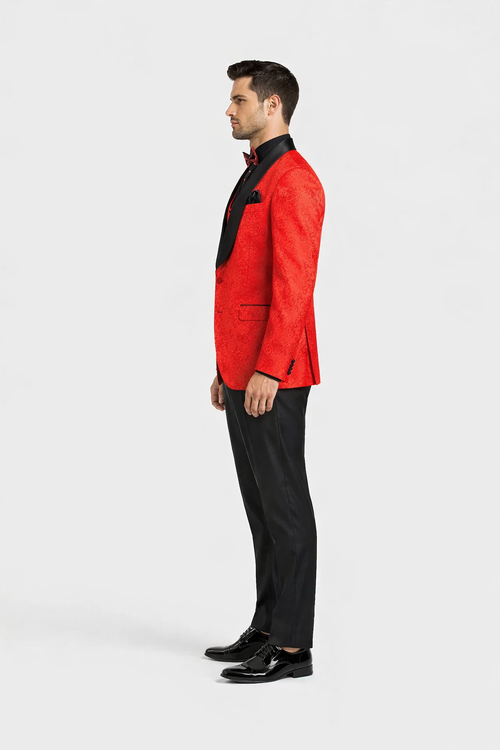 Black and Red Suit Men's Slim Fit Vested Paisley Wedding Tuxedo in Red