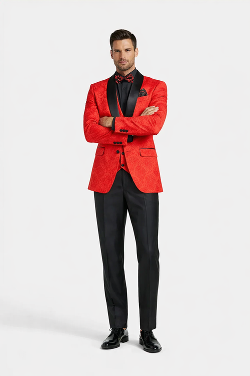 Black and Red Suit Men's Slim Fit Vested Paisley Wedding Tuxedo in Red