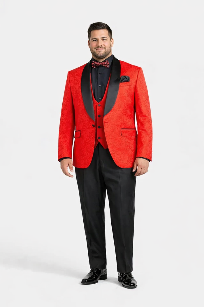 Black and Red Suit Men's Slim Fit Vested Paisley Wedding Tuxedo in Red
