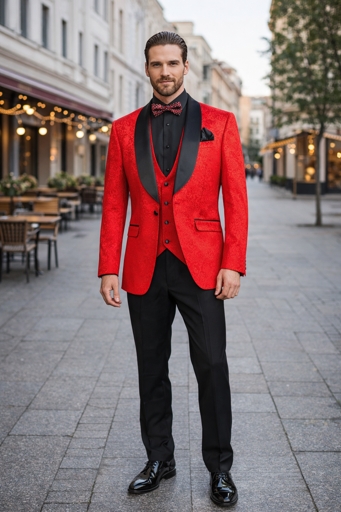 Black and Red Suit Men's Slim Fit Vested Paisley Wedding Tuxedo in Red