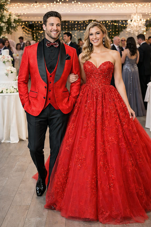 Black and Red Suit Men's Slim Fit Vested Paisley Wedding Tuxedo in Red