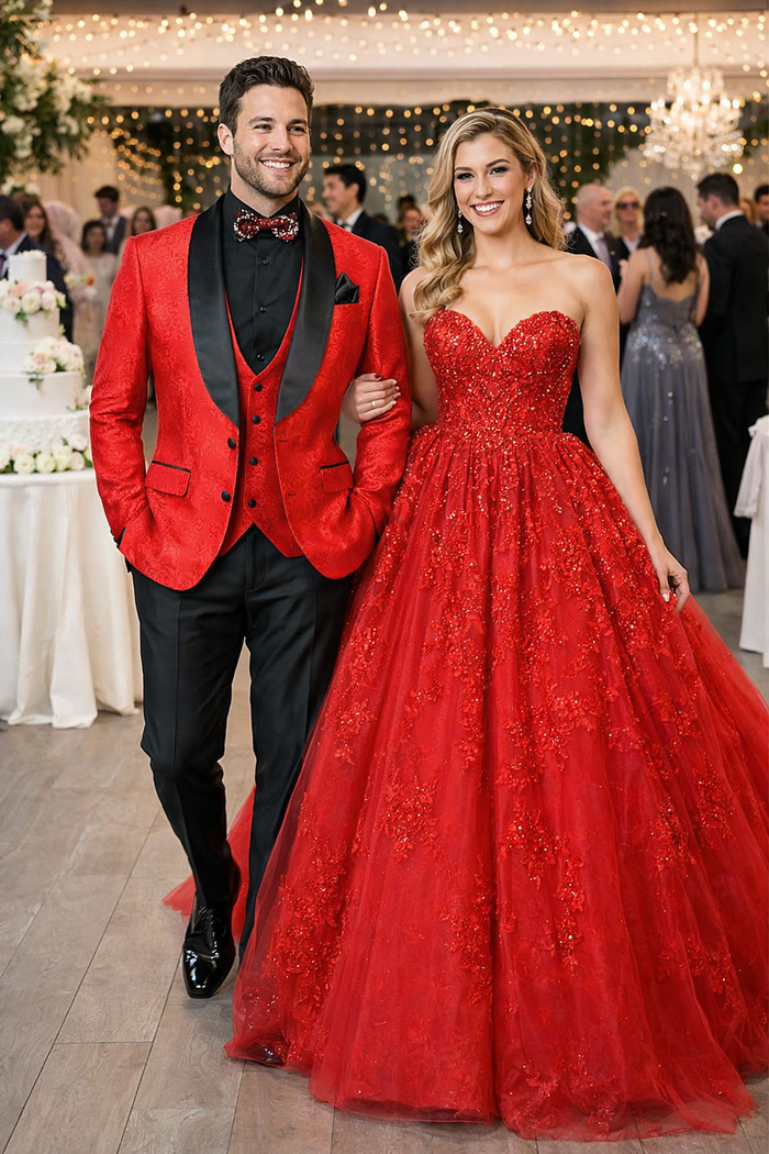Black and Red Suit Men's Slim Fit Vested Paisley Wedding Tuxedo in Red