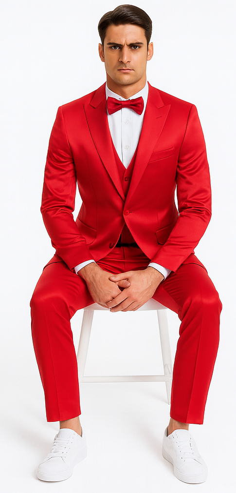 Tazzio men's red satin 3-piece slim fit suit: peak lapel jacket, double-breasted vest, tailored pants. Shiny satin, structured shoulders, slim fit. Includes a matching red bow tie.