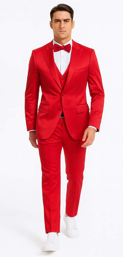 Tazzio men's red satin three-piece formal suit: slim fit, peak lapel, double-breasted vest. Includes matching trousers, white shirt, and red bow tie. Sleek, tailored silhouette.
