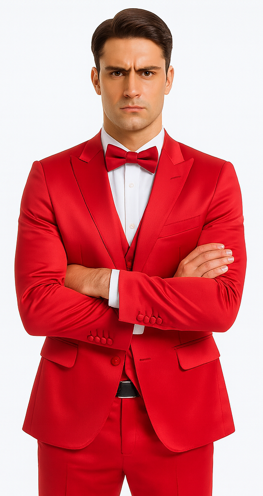 Tazzio men's formal red satin suit. Slim fit, peak lapel. Includes double-breasted vest, white shirt & red bow tie. Tailored jacket & trousers in smooth satin.

