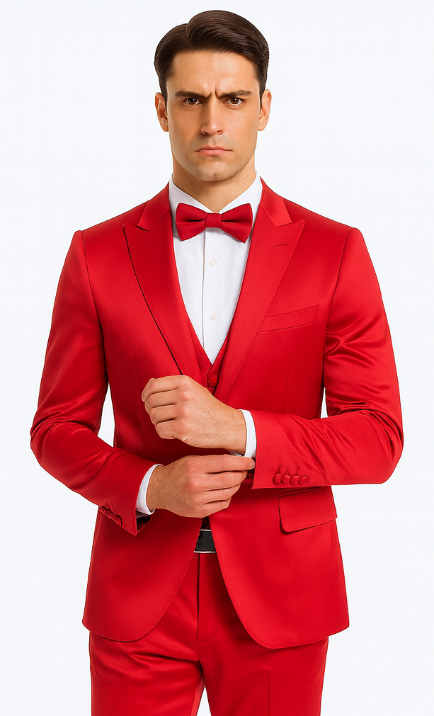 Tazzio men's red satin 3-piece slim fit suit. Peak lapel, double-breasted vest. Red, smooth, glossy satin. Structured shoulders, front pockets, and fitted trousers.