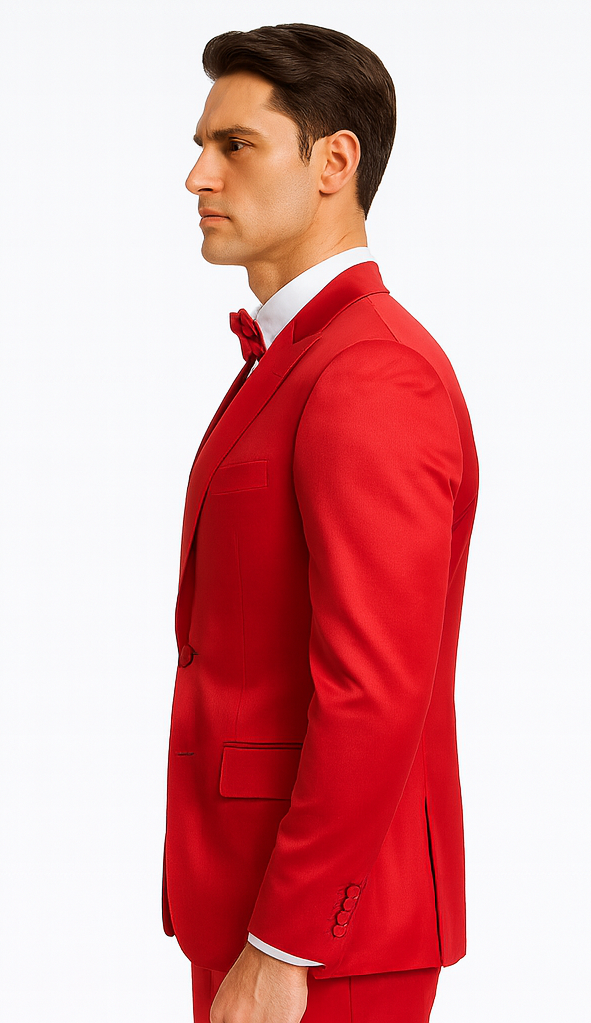 Tazzio men's red satin 3-piece slim fit suit. Sharp peak lapel, double-breasted vest. Bold red color, tailored fit. Structured seams, cuff buttons, smooth satin fabric for a sharp silhouette.