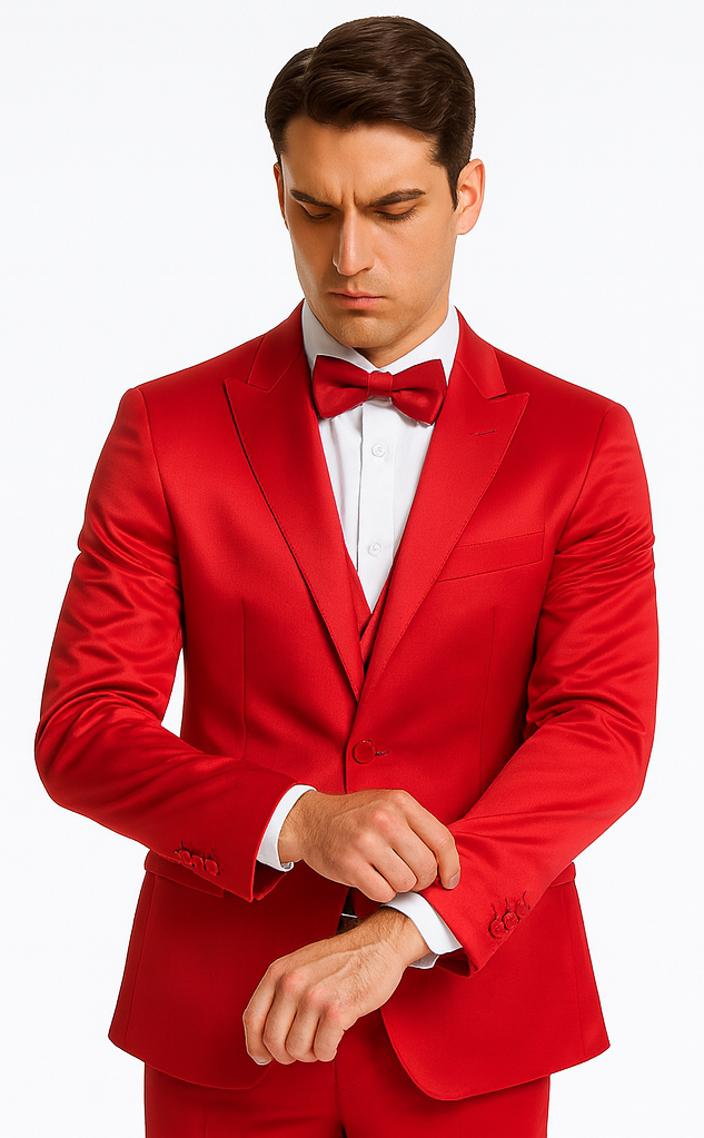 Red satin slim-fit three-piece suit. Peak lapel, double-breasted vest, tailored trousers. Smooth texture, structured form.
