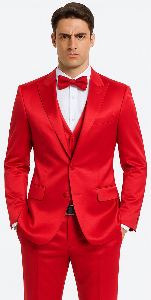 Tazzio men's red satin 3-piece slim fit suit. Peak lapel, double-breasted vest. Vibrant red. Includes blazer (two pockets) and matching trousers.