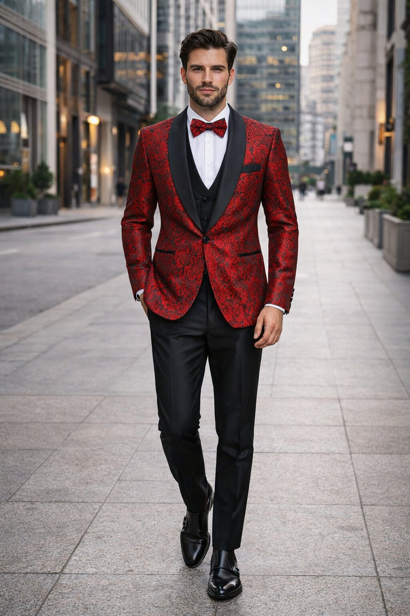 Men's One Button Slim Fit Shiny Paisley Red Prom Tuxedo