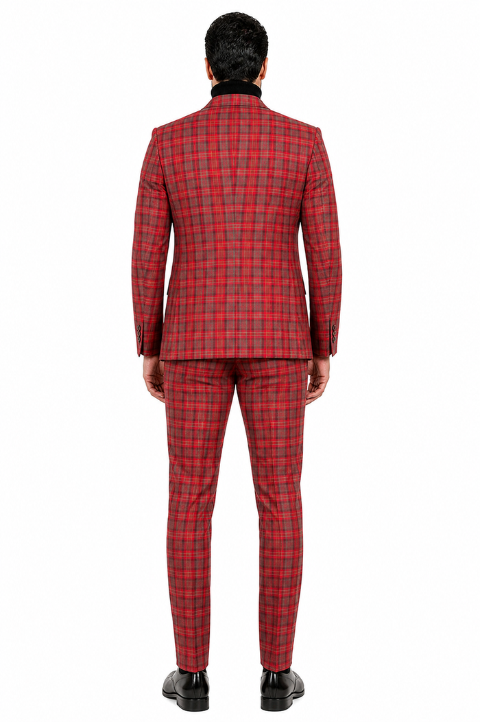 Red Tartan Suit Christmas Party Event - Plaid 3-Piece Slim Fit Suit with Vest - Window pane Pattern