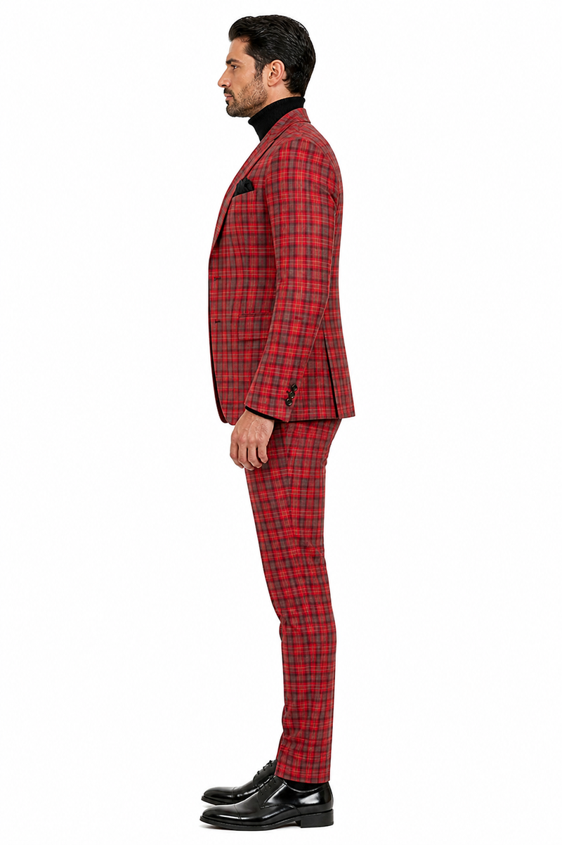 Red Tartan Suit Christmas Party Event - Plaid 3-Piece Slim Fit Suit with Vest - Window pane Pattern